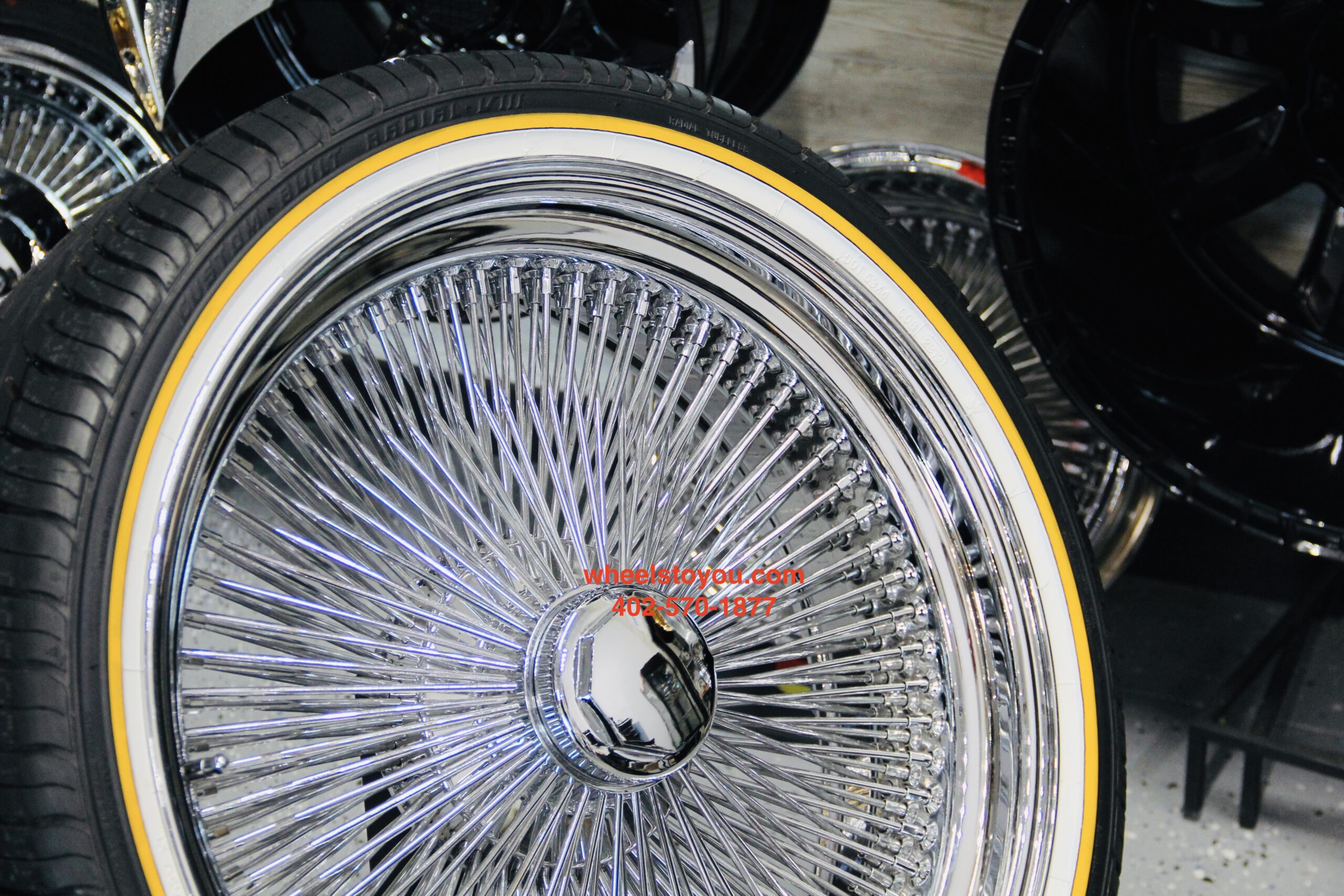 Wire Wheels and Vogue Tire Package Whitewall / Yellow Stripe 265-35-22 Comp...