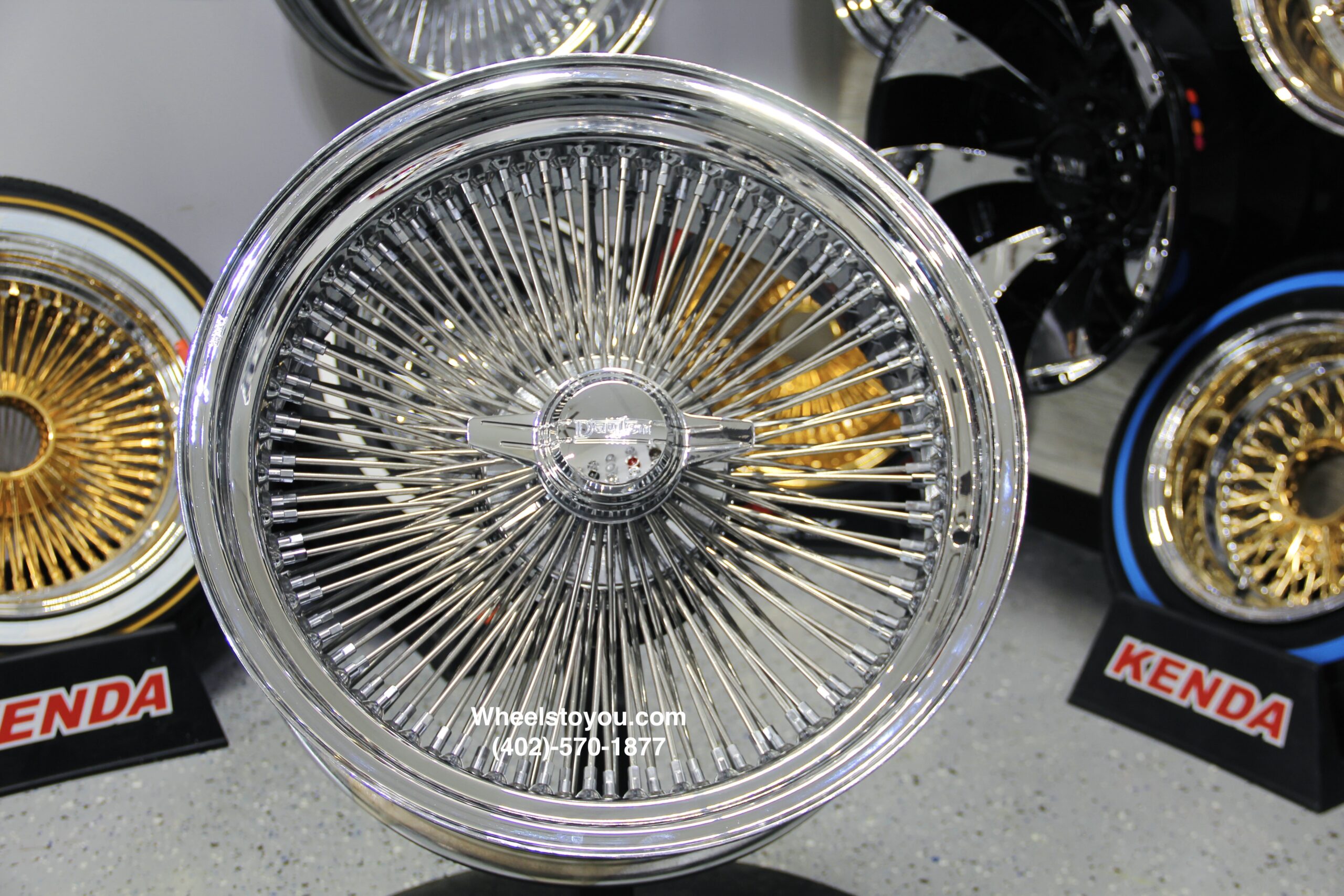 NEW 20x8 GENUINE DAYTON 144 SPOKE CHROME KNOCKOFF WIRE WHEELS Vogue 245 40 20 Whitewall Yellow Stripe Tires SET FOUR 4 WITH Dog Ear knockoffs Wheel SpecialistsWheel Specialists